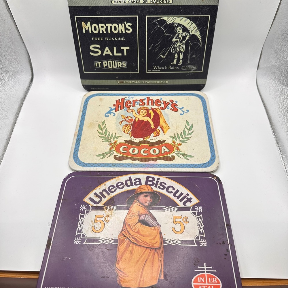 Vintage Bristolware Advertising Tin Signs Morton Salt Hershey Cocoa Uneeda 3pc